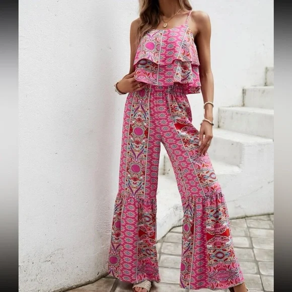Boho Floral Paisley Ruffle Print Wide Leg Palazzo Pants Crop Cami Top Set Pink - Picture 4 of 9